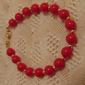 Vintage Monet Bracelet, Red Beads & Gold Tone Spacers, 7.75 inches long, new